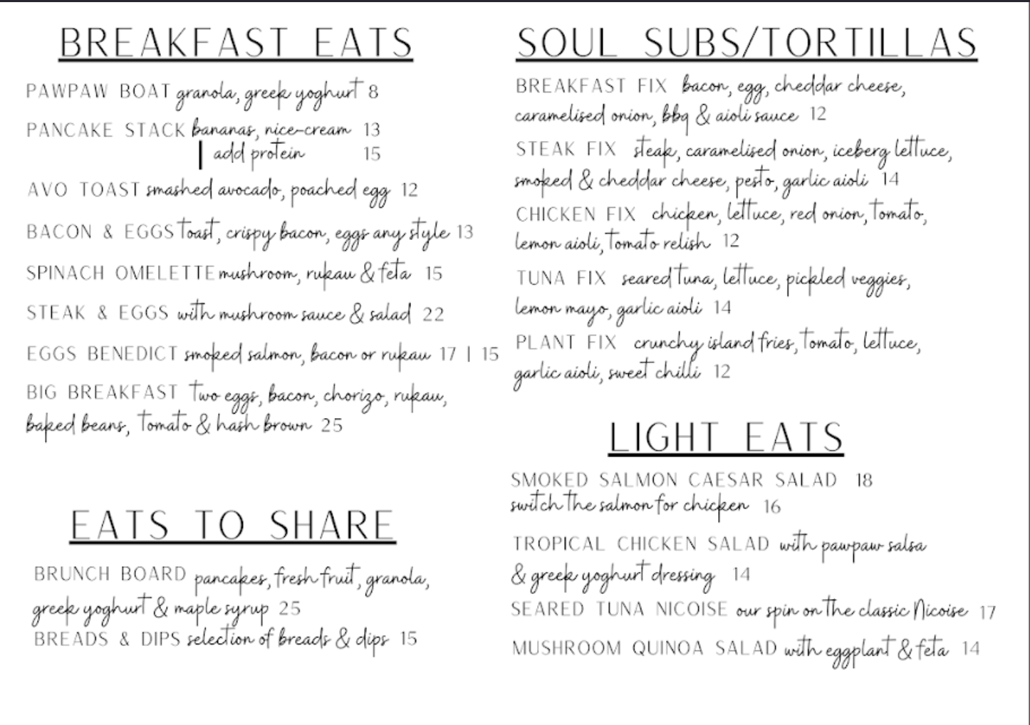 Day menu Soul Cafe